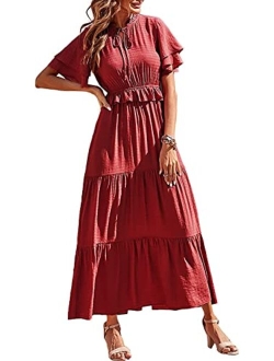 Womens Summer Boho Maxi Dress Short Sleeve V Neck Ruffle Trim High Waisted Tiered Party Flowy Long Dresses 2023