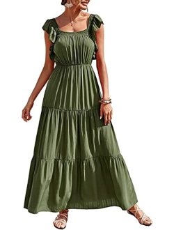 Womens Summer Boho Maxi Dress Short Sleeve V Neck Ruffle Trim High Waisted Tiered Party Flowy Long Dresses 2023