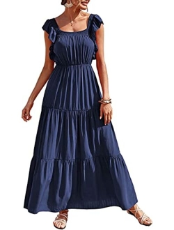 Womens Summer Boho Maxi Dress Short Sleeve V Neck Ruffle Trim High Waisted Tiered Party Flowy Long Dresses 2023