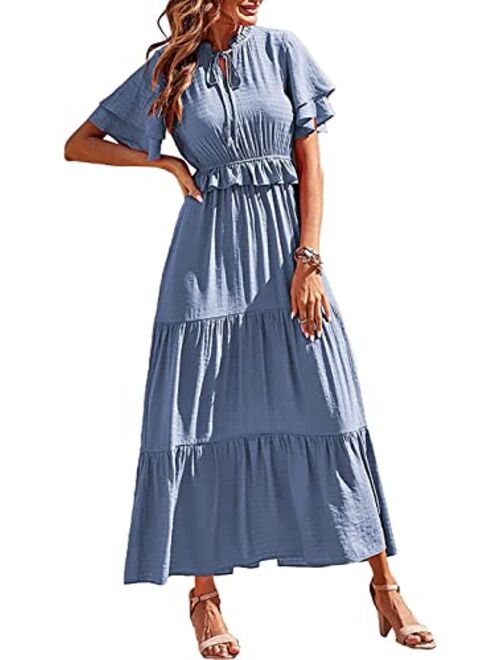 PRETTYGARDEN Womens Summer Boho Maxi Dress Short Sleeve V Neck Ruffle Trim High Waisted Tiered Party Flowy Long Dresses 2023