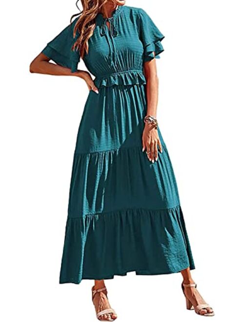 PRETTYGARDEN Womens Summer Boho Maxi Dress Short Sleeve V Neck Ruffle Trim High Waisted Tiered Party Flowy Long Dresses 2023