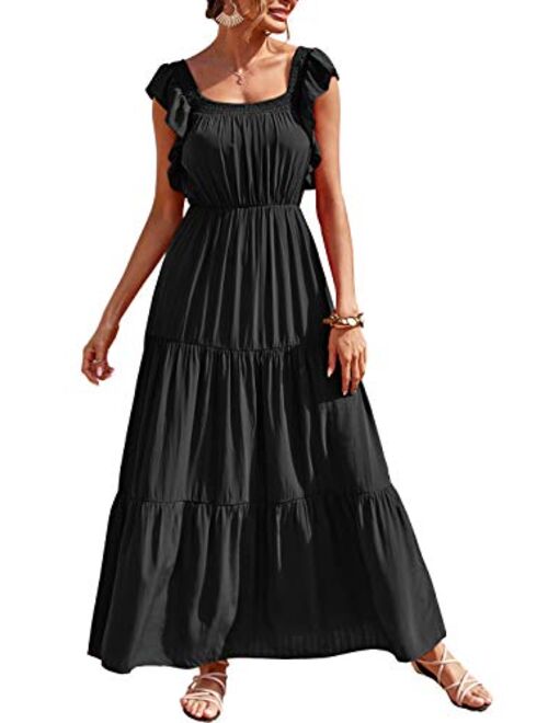 PRETTYGARDEN Womens Summer Boho Maxi Dress Short Sleeve V Neck Ruffle Trim High Waisted Tiered Party Flowy Long Dresses 2023