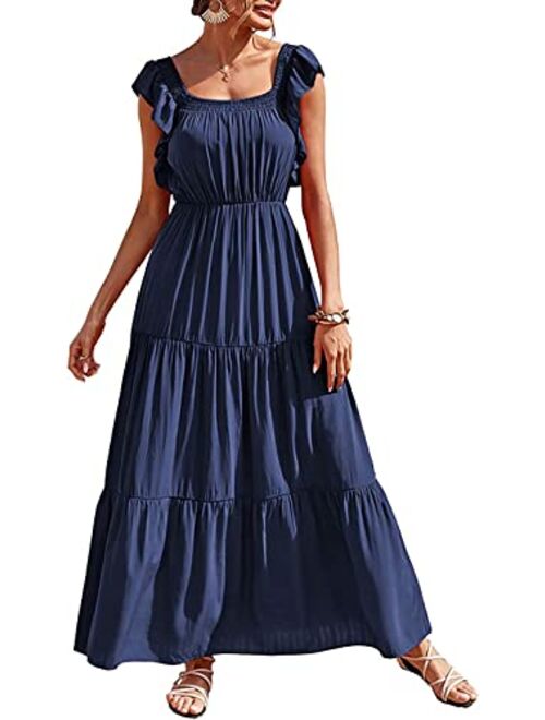 PRETTYGARDEN Womens Summer Boho Maxi Dress Short Sleeve V Neck Ruffle Trim High Waisted Tiered Party Flowy Long Dresses 2023