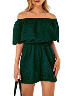 Women's Embroidery Rompers Dressy 2023 Summer Casual Off Shoulder Ruffle Shorts Jumpsuits