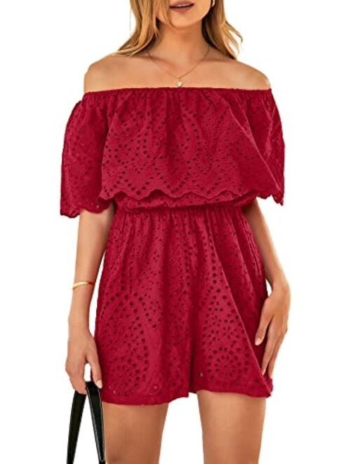 PRETTYGARDEN Women's Embroidery Rompers Dressy 2023 Summer Casual Off Shoulder Ruffle Shorts Jumpsuits