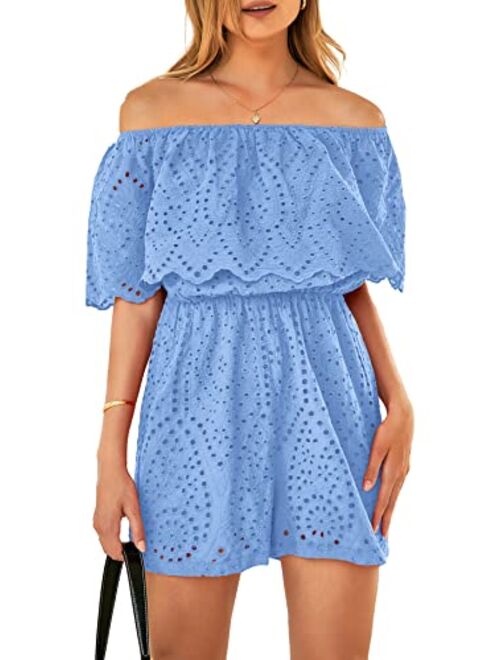 PRETTYGARDEN Women's Embroidery Rompers Dressy 2023 Summer Casual Off Shoulder Ruffle Shorts Jumpsuits