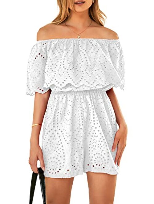 PRETTYGARDEN Women's Embroidery Rompers Dressy 2023 Summer Casual Off Shoulder Ruffle Shorts Jumpsuits