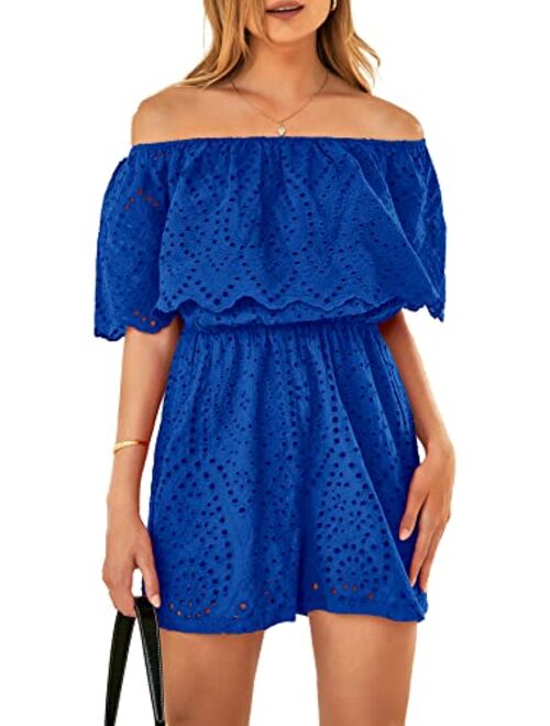 PRETTYGARDEN Women's Embroidery Rompers Dressy 2023 Summer Casual Off Shoulder Ruffle Shorts Jumpsuits