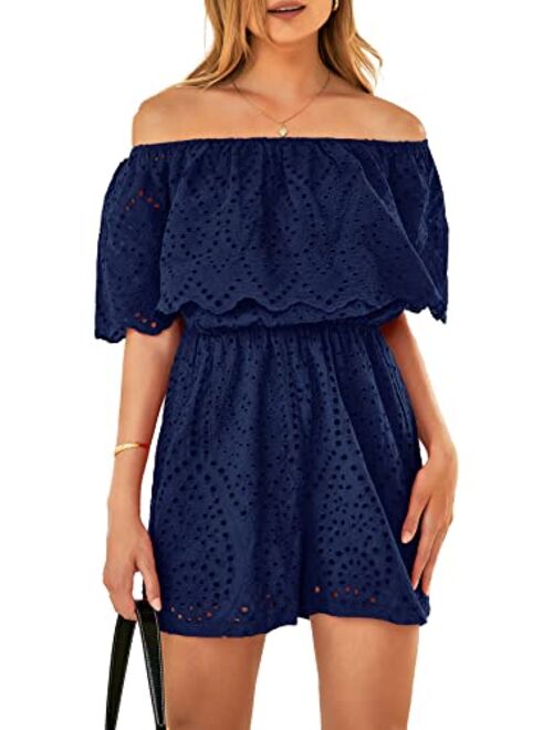 PRETTYGARDEN Women's Embroidery Rompers Dressy 2023 Summer Casual Off Shoulder Ruffle Shorts Jumpsuits