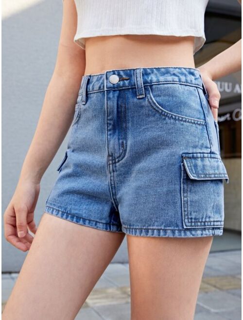 SHEIN Teen Girls Flap Pocket Denim Shorts