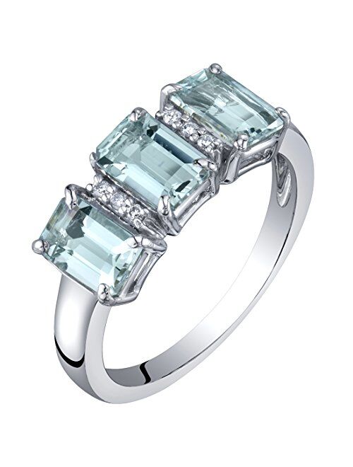 Peora Aquamarine and Diamond Three Stone Ring for Women 14k White Gold, Genuine Gemstone Birthstone, 1.50 Carats total Emerald Cut 6x4mm, Sizes 5 to 9