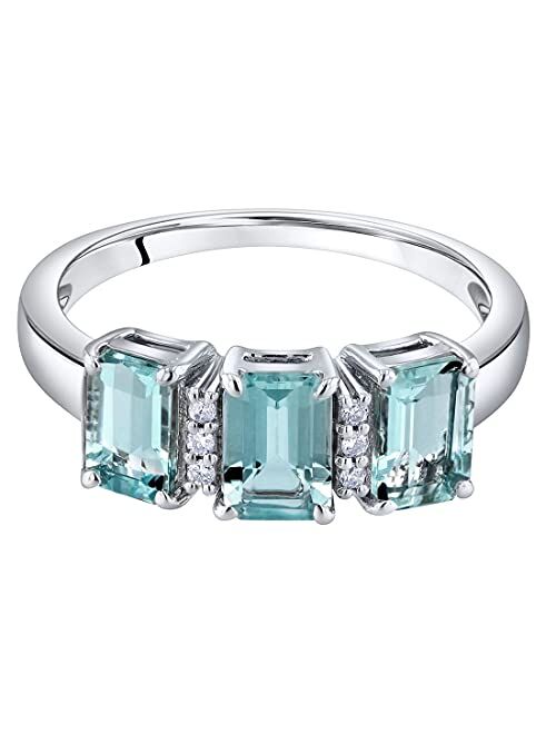 Peora Aquamarine and Diamond Three Stone Ring for Women 14k White Gold, Genuine Gemstone Birthstone, 1.50 Carats total Emerald Cut 6x4mm, Sizes 5 to 9