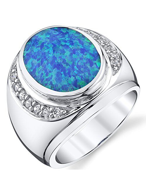 Peora Men's Created Blue Fire Opal Godfather Signet Ring 925 Sterling Silver, Large 15x12mm Oval Shape, Sizes 8 to 13