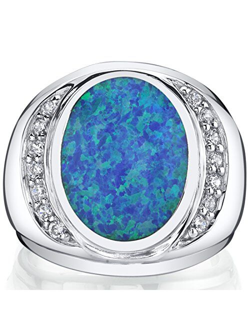 Peora Men's Created Blue Fire Opal Godfather Signet Ring 925 Sterling Silver, Large 15x12mm Oval Shape, Sizes 8 to 13