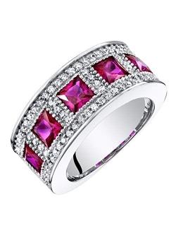 Sterling Silver Princess Cut Created or Simulated Gemstone Anniversary Ring Band Wide Width Sizes 5 to 9