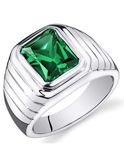 Peora Men's Simulated Emerald Modern Signet Ring 925 Sterling Silver, 5.50 Carats Octagon Shape 11x9mm, Sizes 8 to 10