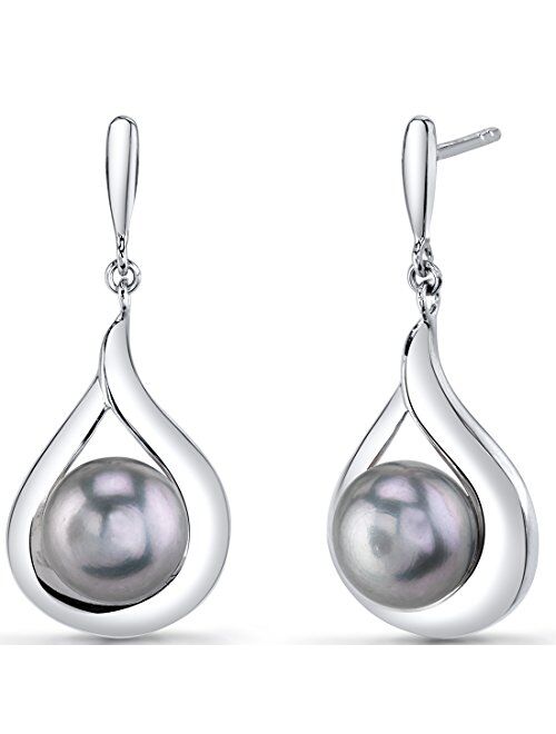 Peora Freshwater Cultured Grey Pearl Dangle Earrings in Sterling Silver, Open Raindrop Design, 8mm Round Button Shape, Friction Backs