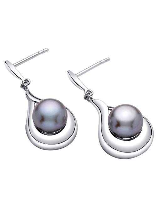 Peora Freshwater Cultured Grey Pearl Dangle Earrings in Sterling Silver, Open Raindrop Design, 8mm Round Button Shape, Friction Backs