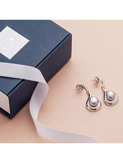 Peora Freshwater Cultured Grey Pearl Dangle Earrings in Sterling Silver, Open Raindrop Design, 8mm Round Button Shape, Friction Backs