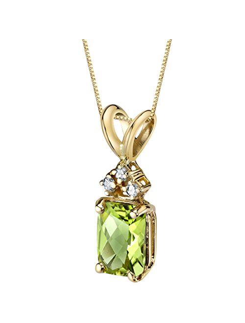 Peora Solid 14K Yellow Gold Peridot and Diamonds Pendant for Women, Genuine Gemstone Birthstone, Radiant Cut, 7x5mm, 1 Carat total