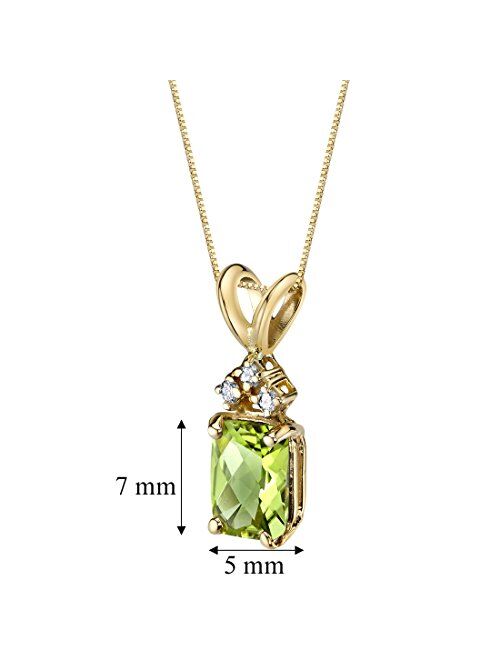 Peora Solid 14K Yellow Gold Peridot and Diamonds Pendant for Women, Genuine Gemstone Birthstone, Radiant Cut, 7x5mm, 1 Carat total