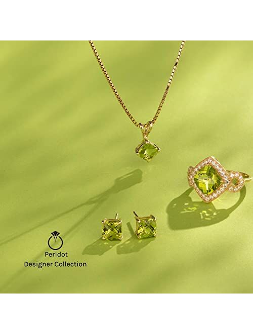 Peora Solid 14K Yellow Gold Peridot and Diamonds Pendant for Women, Genuine Gemstone Birthstone, Radiant Cut, 7x5mm, 1 Carat total