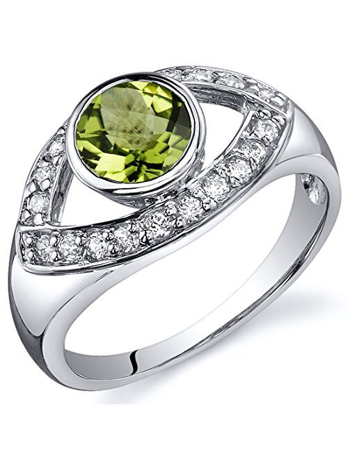 Peora Peridot Ring in Sterling Silver, Enlightened Third Eye Design, Round Shape, 6mm, 0.75 Carat total, Sizes 5 to 9