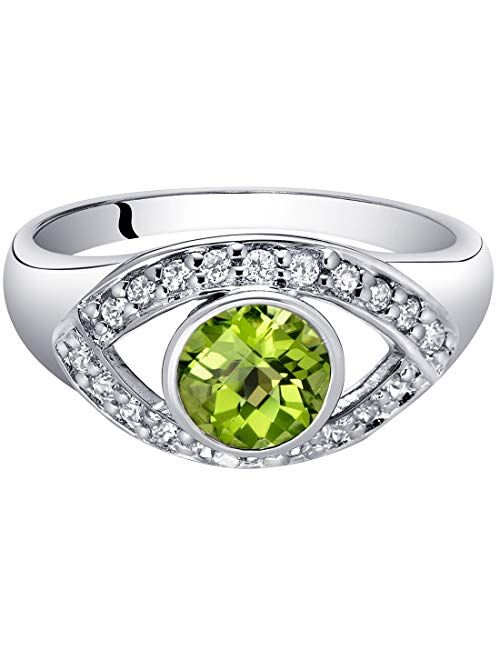 Peora Peridot Ring in Sterling Silver, Enlightened Third Eye Design, Round Shape, 6mm, 0.75 Carat total, Sizes 5 to 9