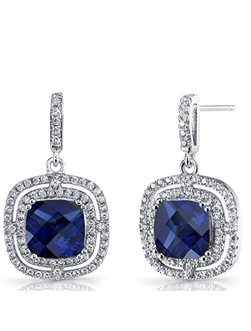 Peora Created Blue Sapphire Dangle Earrings in Sterling Silver, 6 Carats total Cushion Cut 8mm, Double Halo, Friction Backs