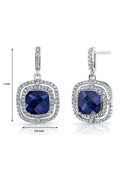 Peora Created Blue Sapphire Dangle Earrings in Sterling Silver, 6 Carats total Cushion Cut 8mm, Double Halo, Friction Backs