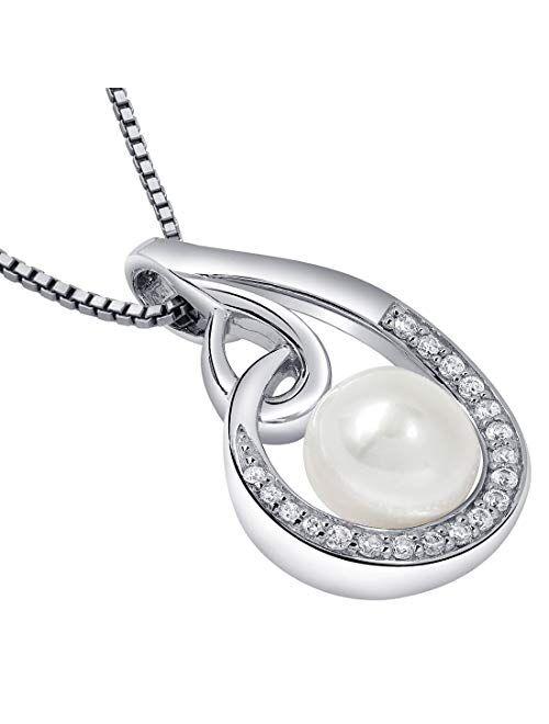 Peora Freshwater Cultured White Pearl Teardrop Knot Pendant Necklace in Sterling Silver, 8mm Round Button Shape, with 18 inch Chain