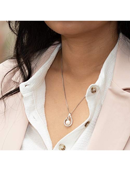 Peora Freshwater Cultured White Pearl Teardrop Knot Pendant Necklace in Sterling Silver, 8mm Round Button Shape, with 18 inch Chain