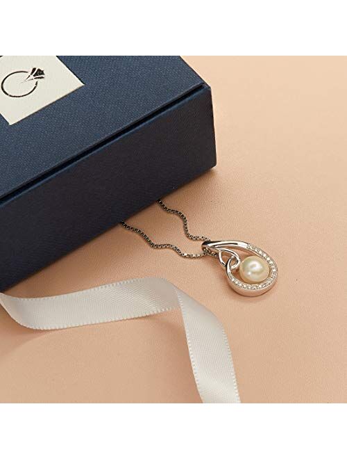 Peora Freshwater Cultured White Pearl Teardrop Knot Pendant Necklace in Sterling Silver, 8mm Round Button Shape, with 18 inch Chain