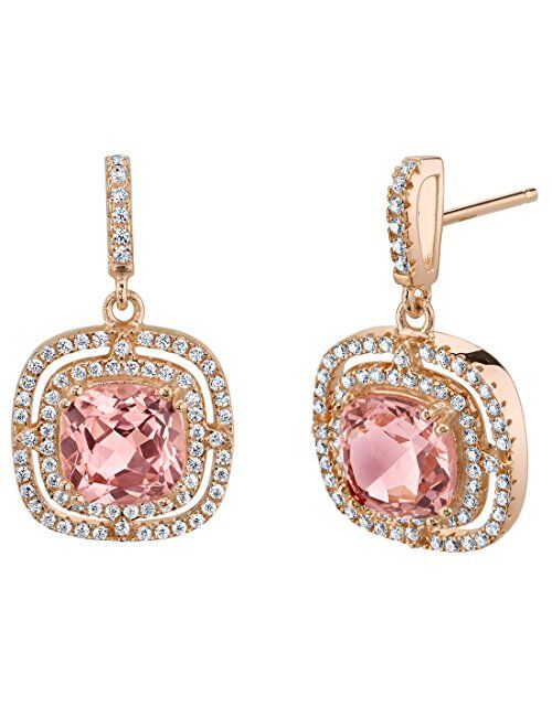 Peora Simulated Morganite Earrings for Women in Rose Gold-Tone Sterling Silver, 6 Carats total Cushion Cut, Designer Double Halo, Friction Backs