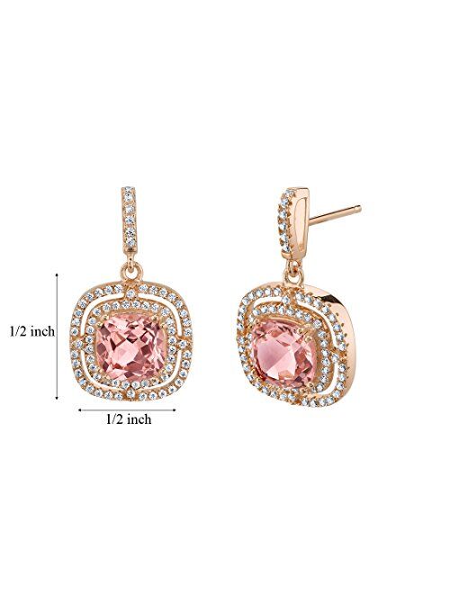 Peora Simulated Morganite Earrings for Women in Rose Gold-Tone Sterling Silver, 6 Carats total Cushion Cut, Designer Double Halo, Friction Backs