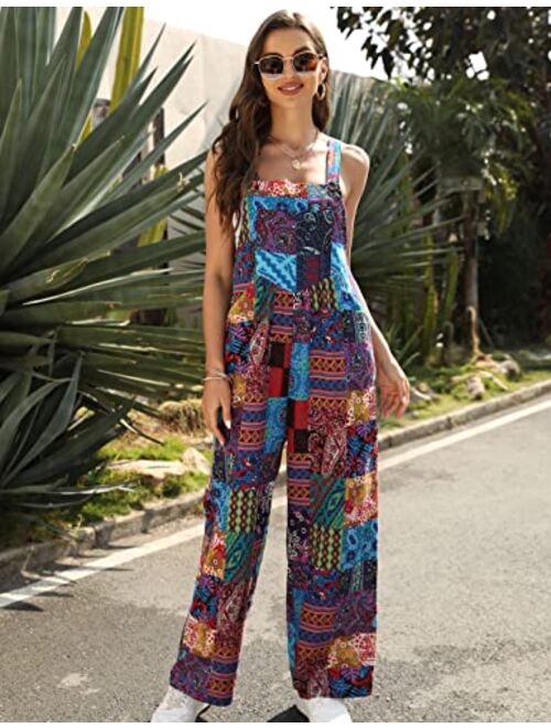 Himosyber Women's Patchwork Dual Pocket Jumpsuit Loose Floral Print Bohemian Wide Leg Bib Overall