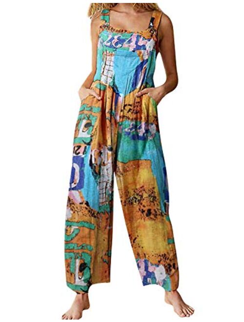 Himosyber Women's Patchwork Dual Pocket Jumpsuit Loose Floral Print Bohemian Wide Leg Bib Overall