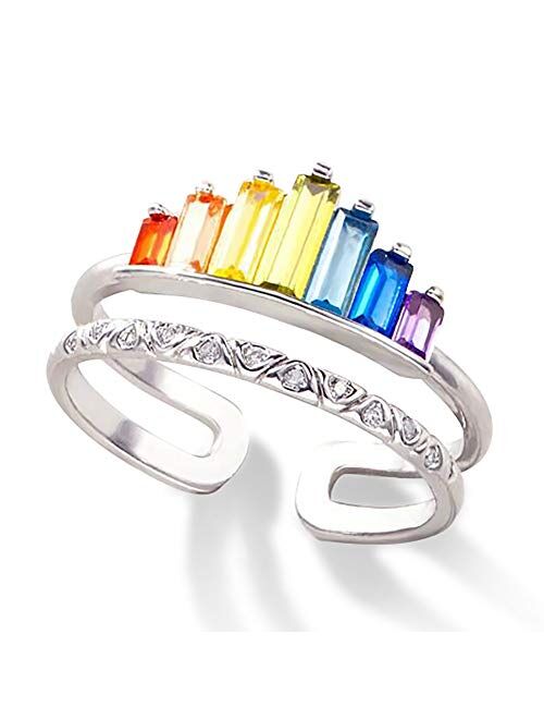 COSTWAY Rainbow Ring Double Band, Adjustable Wide Band Stacking Rainbow Rings for Women, Adjustable Opening