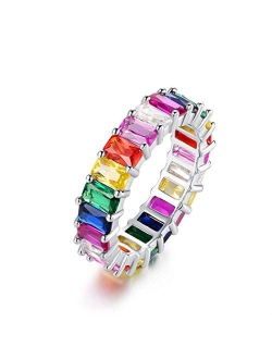 Barzel Eternity Rainbow Ring Wedding Band for Women | 18K Gold Plated Emerald-Cut Rainbow Multi Color Created-Gemstone Eternity Ring