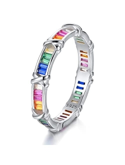 Silvateam Sterling Silver Rainbow Ring Colorful Personality CZ Silver Ring for Women Girls