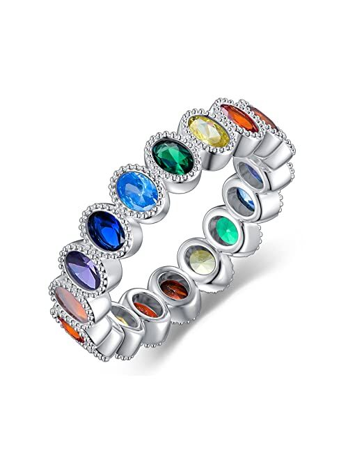 Mbsuuh Chakra Ring 925 Sterling Silver 7 Colorful Chakra Rainbow Ring for Women