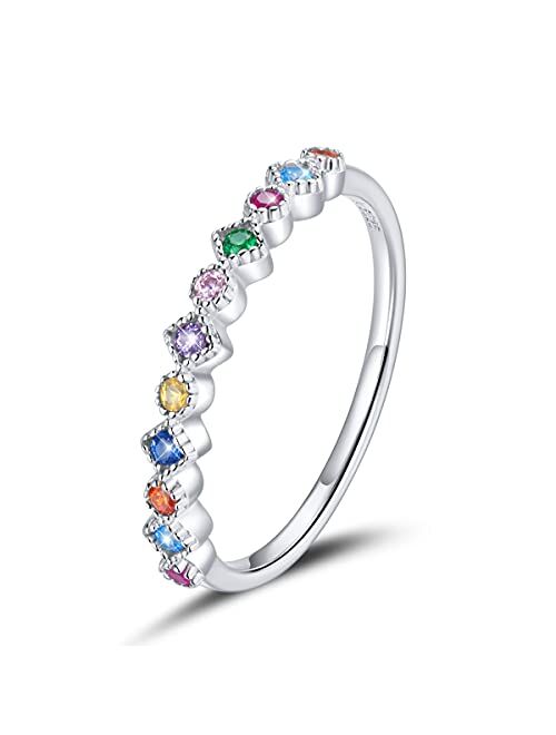 BISAER 925 Sterling Silver Fashion Stackable Rings for Women Colorful Cubic Zirconia Stacking Eternity Ring Rainbow Jewelry Gifts