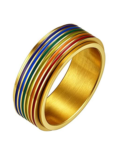 FaithHeart LGBT Pride Rainbow Fidget Rings, Stainless Steel/18K Gold Plated Love is Love Jewelry for Men Women Personalized Customize