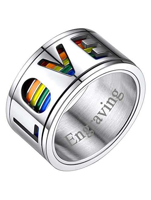 FaithHeart LGBT Pride Rainbow Fidget Rings, Stainless Steel/18K Gold Plated Love is Love Jewelry for Men Women Personalized Customize