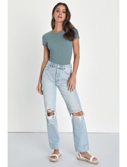 Rolla's Classic Straight Light Wash Distressed High Rise Denim Jeans