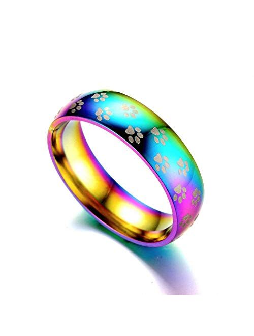 Ronliy Cute Dog Cat Paw Ring Beautiful Rainbow Pet Footprint Stainless Steel Finger Ring for Women Men Gift