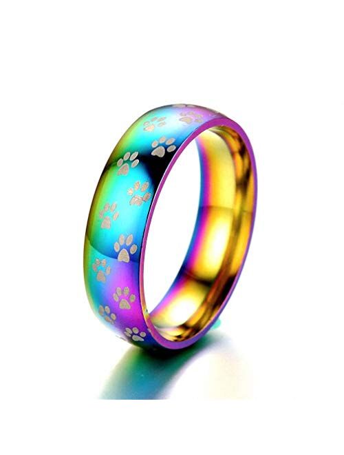 Ronliy Cute Dog Cat Paw Ring Beautiful Rainbow Pet Footprint Stainless Steel Finger Ring for Women Men Gift