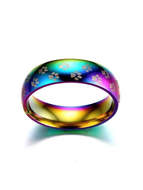 Ronliy Cute Dog Cat Paw Ring Beautiful Rainbow Pet Footprint Stainless Steel Finger Ring for Women Men Gift