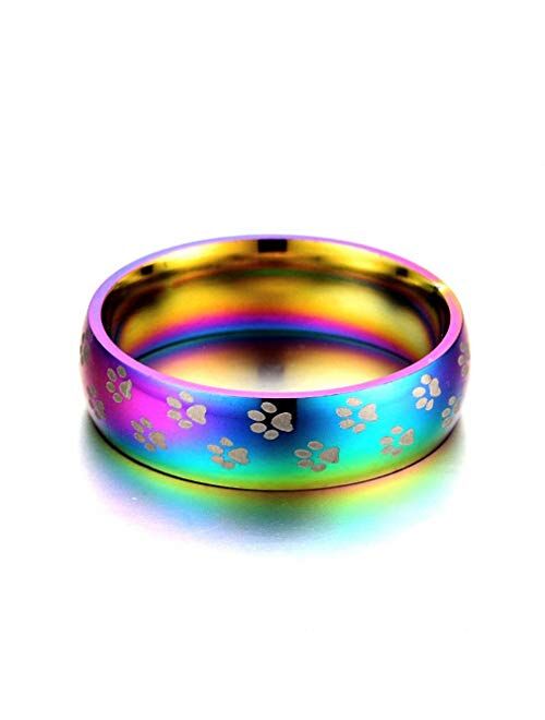 Ronliy Cute Dog Cat Paw Ring Beautiful Rainbow Pet Footprint Stainless Steel Finger Ring for Women Men Gift