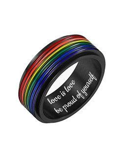 Nanafast LGBT Pride Ring Rainbow Flag Enamel Gay Lesbians Wedding Band 6mm/8mm/12mm Stainless Steel Spinner Ring for Men Women